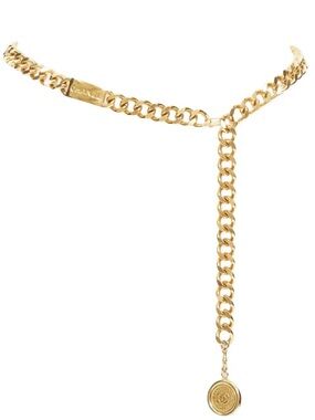CHANEL Gold-Trimmed Y-Drop Chain Belt with Logo Medallion